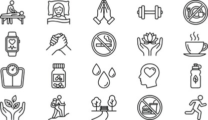 Healthy Lifestyle and Wellness Line Icons Set Fitness, Nutrition, Sleep, Meditation, Exercise, and Mental Health Vector Illustration Content.