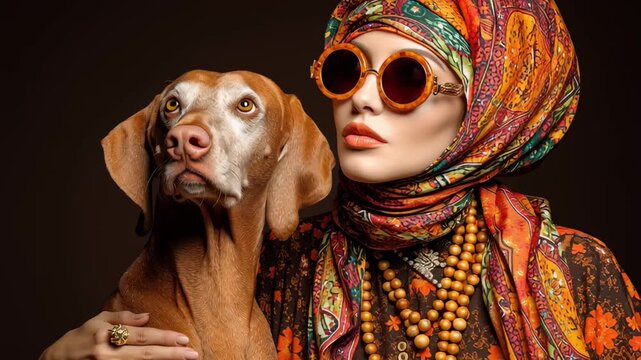 Young stylish woman in colorful headscarf and sunglasses with her pet dog looking around, studio footage.