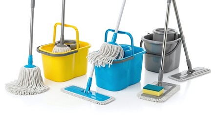Various types of mop and bucket cleaning tools isolated on white background