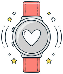 Cartoon smartwatch displaying a heart symbol for health monitoring and digital wellness