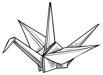 Stylized Monochrome Paper Crane Illustration, Origami Bird, Line Art