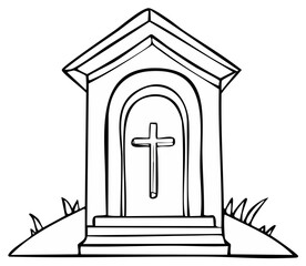Christian Tombstone with Cross and Grass in Line Art Style for Memorials