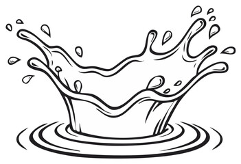 Dynamic water splash crown with ripples and droplets in a black and white graphic illustration