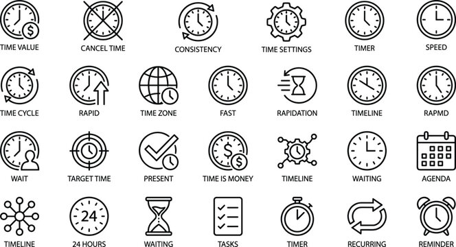 Time Management and Schedule Line Icons Set Timer, Time Zone, Deadline, Rapid, Consistency, Agenda, and Value Vector Illustration Content.