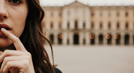 Caucasian young woman in thoughtful pose with historic building background