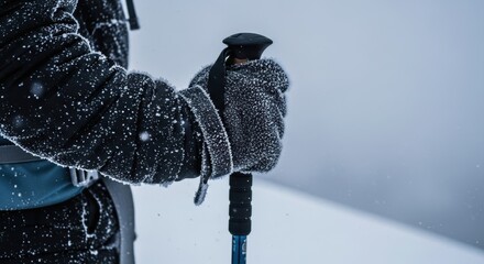 Close-up of person using ski poles in snowy winter landscape