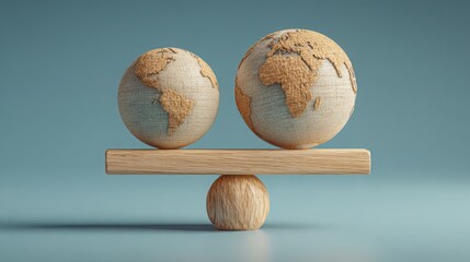 Two wooden eggs on a wooden stand depicting a symbolic representation of global trade balance in a flat design aesthetic
