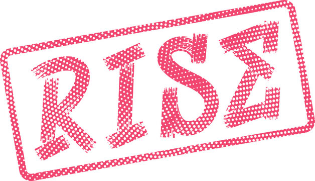 Inspirational Rise word mark featuring an uplifting pink dotted stamp texture on white