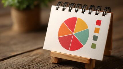 Colorful pie chart displayed on a small wooden easel demonstrating goal-oriented planning and setting concepts