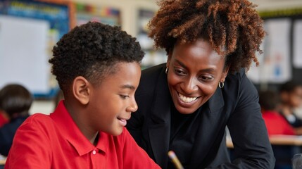 Woman and child in classroom.