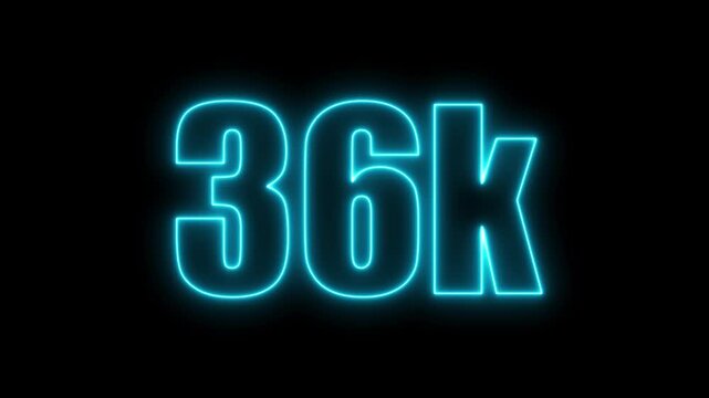 Illuminated blue neon 36 K text on a dark black background thirty six thousand number