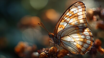 A close-up of delicate butterfly wings illuminated by sunlight as it rests on a blooming wildflower representing fragility beauty and the interconnectedness of all living things 
