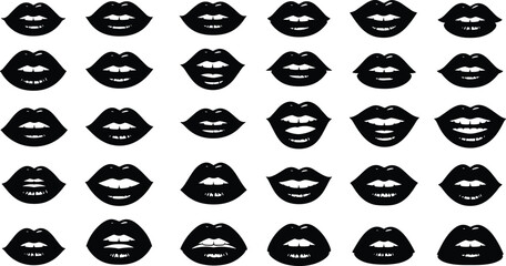 Black lips silhouettes vector collection, various open and closed mouth poses, kiss and talk expressions, beauty and makeup icon set, female cosmetic design elements, isolated on white background.