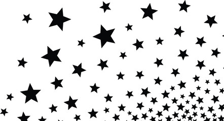 Black stars vector pattern with elements of different sizes and distances fading into the background, representing night sky, success, magic, celebration, cosmic dust, and abstract design texture.