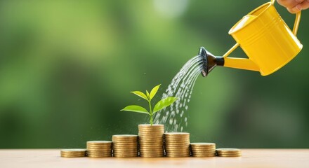Plant growing on stack of coins with watering can concept for investment
