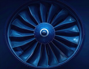 Blue airplane turbine, intricate vanes & central spinner
