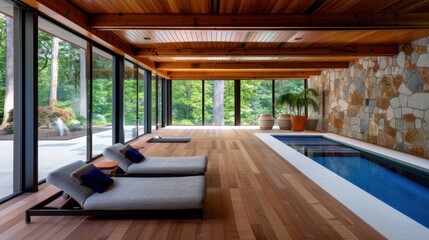 Naklejka premium Modern Indoor Pool Area with Natural Light and Relaxing Lounge Chairs in Luxurious Setting