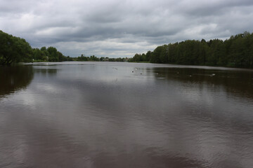 European landscape with river and forest.