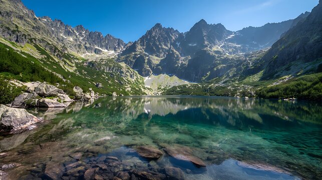 A serene view of poprad lake in the high tatras, slovakia, with crystal clear water reflecting the majestic mountains