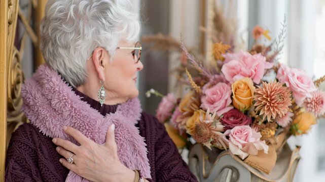 Senior woman with short white hair, glasses, and a pink scarf posing joyfully next to a vibrant floral bouquet, close up portrait footage.