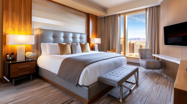 Cozy and Modern Hotel Room Featuring King Bed with Luxurious Decor and Scenic City View from Window