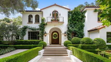 Fototapeta premium Elegant Mediterranean Style House Surrounded by Lush Greenery and Beautiful Landscaping in Bright Daylight