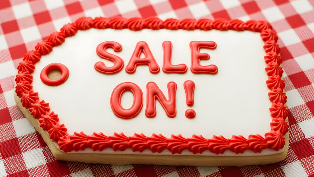 Sale On Red and White Frosted Cake with Decorative Border on Checkered Tablecloth