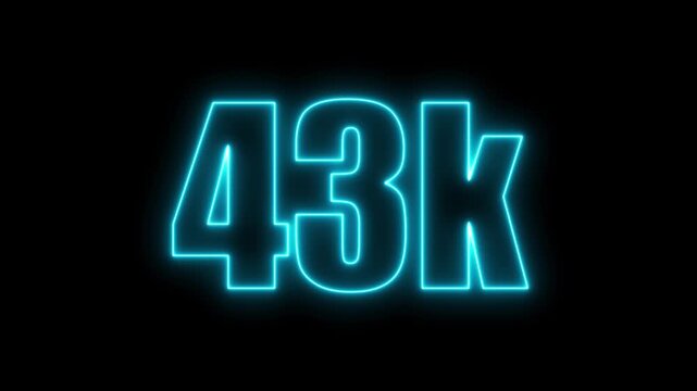 Blue neon glowing number 43k on black background forty three thousand numeral