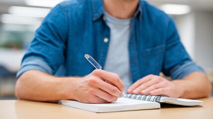 Man writing in notebook at table.