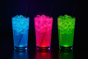Three colorful glowing drinks with ice and straws on a black background