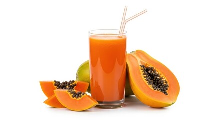 Glass of fresh papaya smoothie juice with straws and sliced fruit

