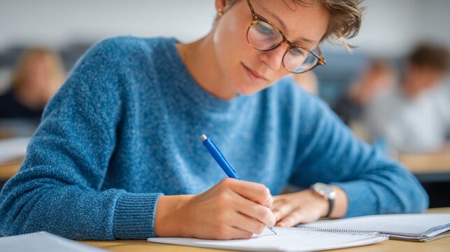 Woman writing at desk in classroom.