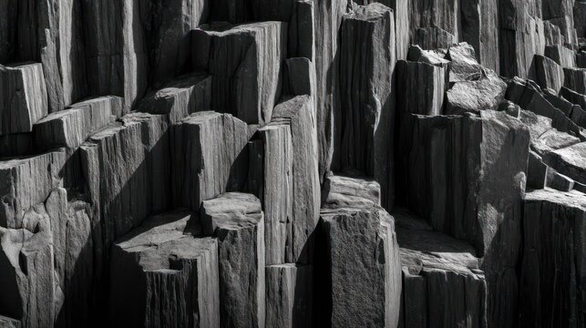 Jagged basalt columns rising in vertical formation captured with perfect exposure and sharp detail Shadows fall naturally emphasizing