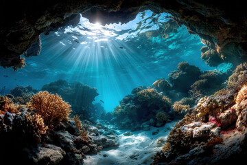 Sunbeams illuminate a vibrant coral reef inside a dark underwater cave