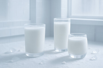 Three glasses of milk sitting on a white surface near a window indoors