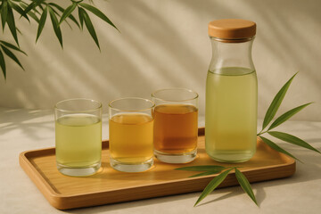 three glasses and a bottle of liquid on a wooden tray near leaves