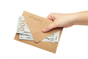 Alimony. Woman taking money from envelope isolated on white background. Space for text