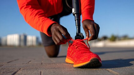 Man tying shoe on sidewalk.