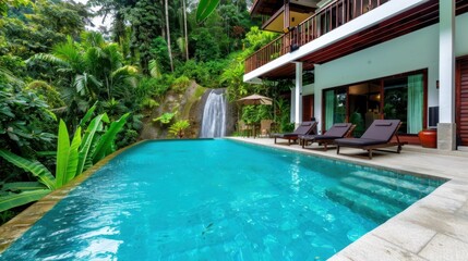Fototapeta premium Serene Tropical Villa with Infinity Pool Next to a Waterfall in Lush Green Jungle Setting