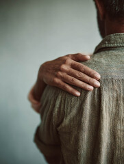 Close up detail of human hand touching shoulder of friend in green shirt for support and empathy concept
