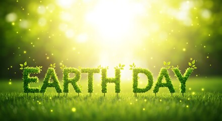 Earth day celebration with glowing green letters and natural light