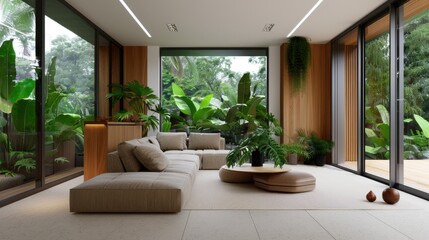 Fototapeta premium Modern and Serene Living Room Design with Abundant Greenery and Natural Light