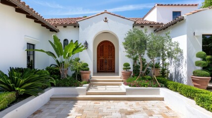 Contemporary Mediterranean Style Home Entrance Surrounded by Lush Greenery and Elegant Landscape Design