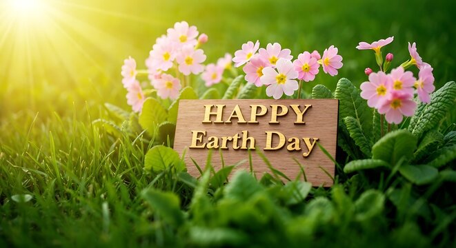 Happy earth day message surrounded by blooming flowers and green grass with sunlight - Powered by Adobe