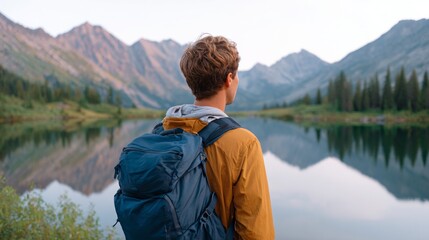 Man standing near lake, mountains in background, backpack on back, outdoor setting.