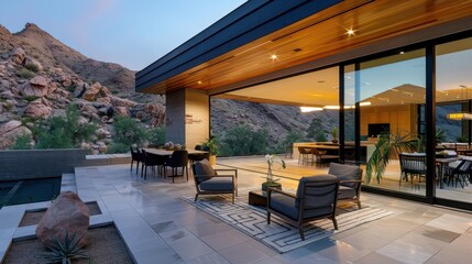 Modern Outdoor Living Space with Scenic Mountain Views, Elegant Furniture, and Sleek Architectural Design at Dusk
