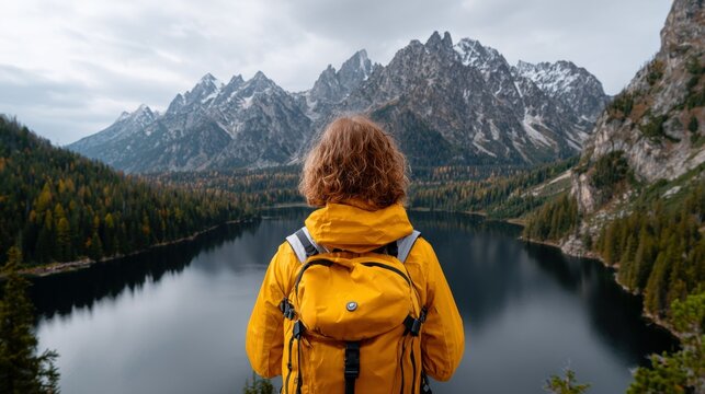 Person standing near lake, mountains in background, wearing yellow jacket and backpack. - Powered by Adobe