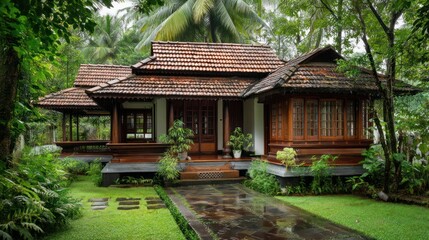 Kerala coastal home elevated on stilts with sloping tiled roof wooden shutters open verandah facing lush greenery rain-soaked