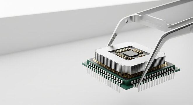 Modern CPU Chip Being Held by Tweezers in a Clean, Minimalistic Technology Environment