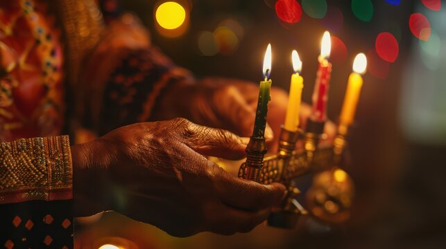 Kwanzaa candle lighting ceremony with vibrant colors and traditional african patterns
